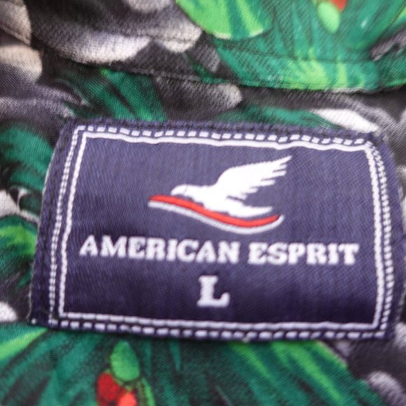 Tropical Mens Shirt Large Hawaiian Camp Black Floral Red Bahamas AMERICAN ESPRIT - Picture 2 of 8
